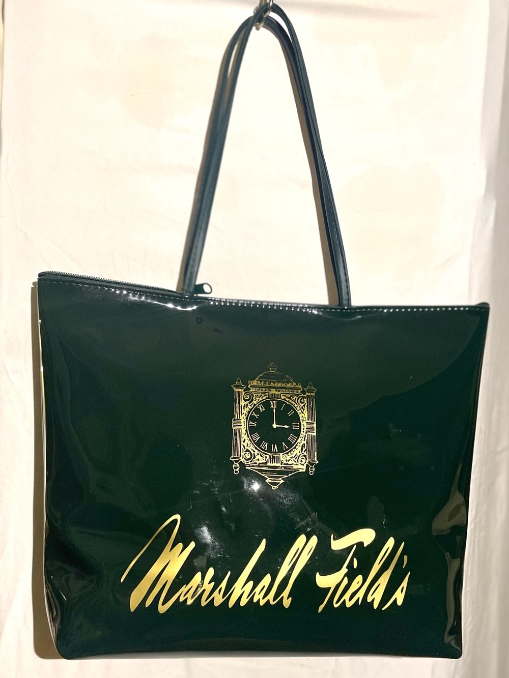 Marshall Field's Dark Green Patent Tote with Gold Accents